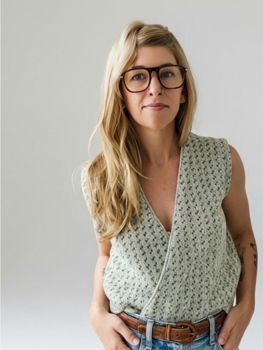 Cambridge Dry Goods Cream & Green Knit Cardigan Vest
